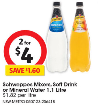 Coles Schweppes Mixers, Soft Drink or Mineral Water 1.1 Litre offer