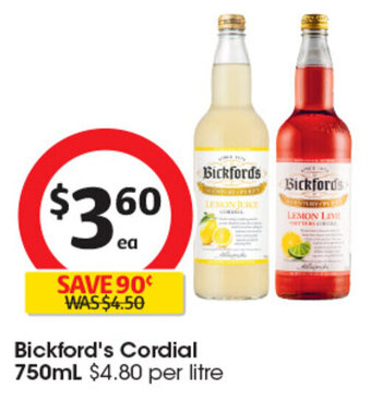 Coles Bickford's Cordial 750mL offer