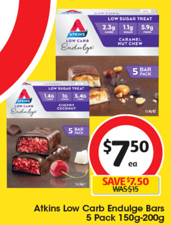 Atkins Low Carb Endulge Bars 5 Pack 150g200g offer at Coles