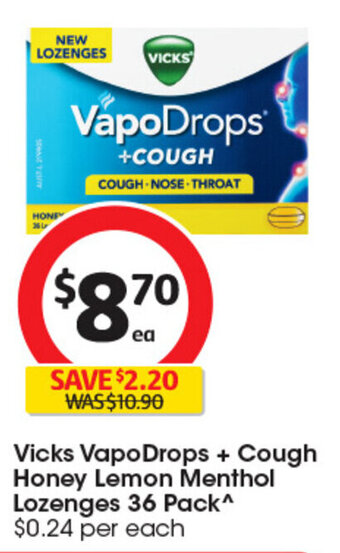 Coles Vicks VapoDrops + Cough Honey Lemon Menthol Lozenges 36 Pack^ offer