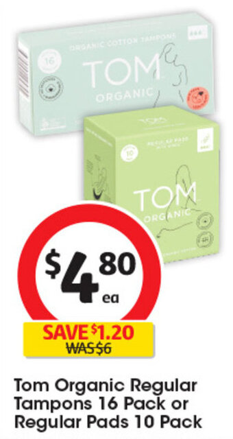 Coles Tom Organic Regular Tampons 16 Pack or Regular Pads 10 Pack offer