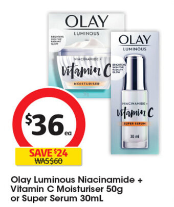 Coles Olay Luminous Niacinamide + Vitamin C Moisturiser 50g or Super Serum 30mL offer