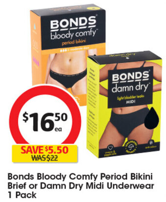 Coles Bonds Bloody Comfy Period Bikini Brief or Damn Dry Midi Underwear 1 Pack offer