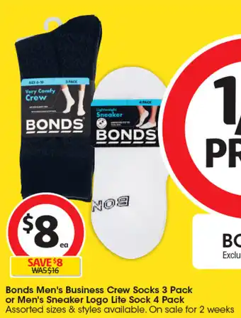 Coles Bonds Men's Business Crew Socks 3 Pack or Men's Sneaker Logo Lite Sock 4 Pack offer