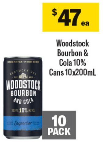 Coles Woodstock Bourbon & Cola 10% Cans 10x200mL offer