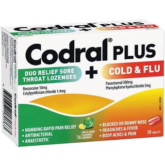 Woolworths Codral plus duo relief sore throat lozenges & cold & flu tablets pk 20~ offer