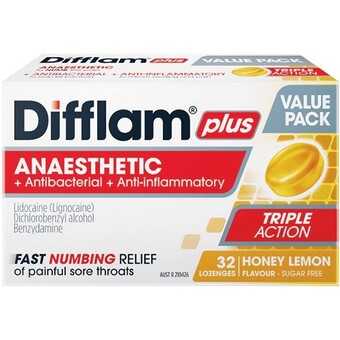Woolworths Difflam plus anaesthetic sore throat lozenges pk 32~ offer