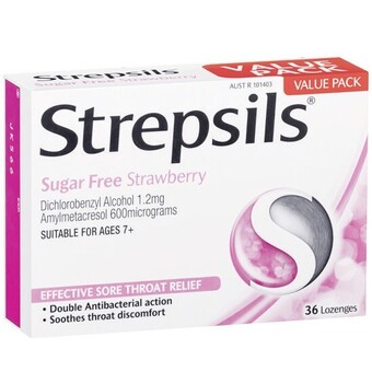 Woolworths Strepsils sore throat sugar free lozenges pk 36^ offer