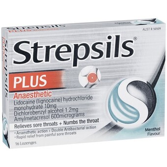 Woolworths Strepsils plus anaesthetic sore throat numbing pain relief lozenges pk 16^ offer