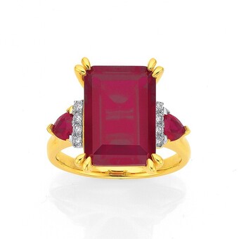 Prouds 9ct gold created ruby & diamond emerald cut dress ring offer