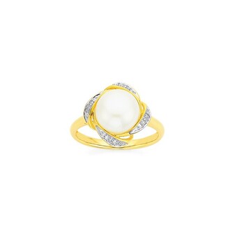 Prouds 9ct gold cultured freshwater button pearl & diamond swirl framed dress ring offer
