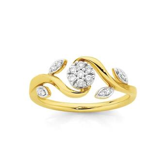 Angus & Coote 9ct gold diamond flower & leaf ring offer