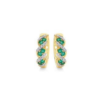 Angus & Coote 9ct gold natural emerald & diamond huggie earrings offer