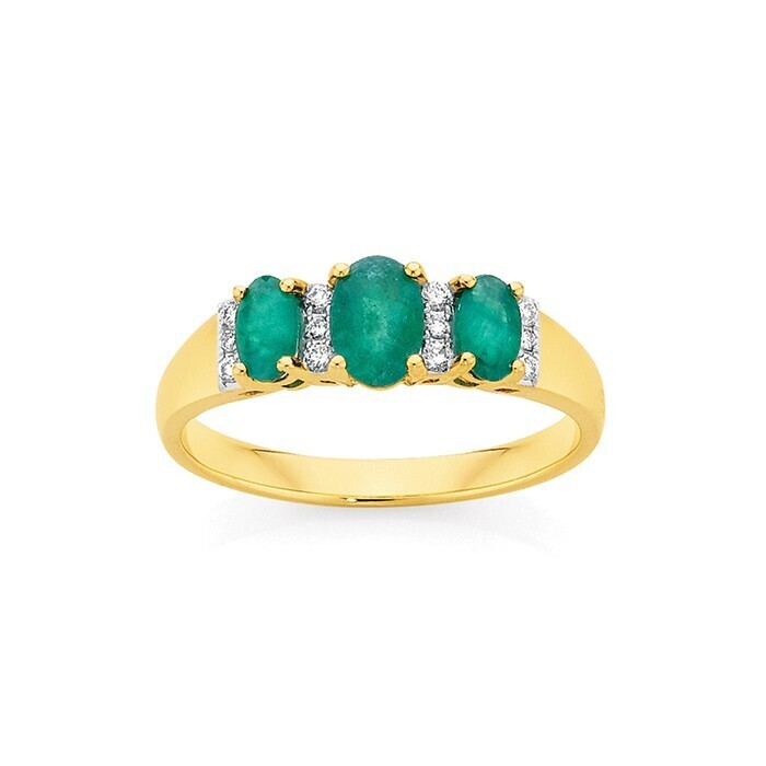 9ct gold emerald & diamond trilogy ring offer at Angus & Coote