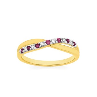 Angus & Coote 9ct gold natural ruby & diamond crossover ring offer