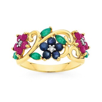 Angus & Coote 9ct gold sapphire, ruby, emerald & diamond ring offer