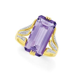 Angus & Coote 9ct gold amethyst & diamond emerald cut dress ring offer