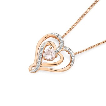 Angus & Coote 9ct rose gold morganite & diamond heart pendant offer