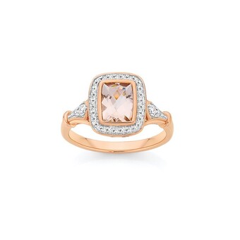 Angus & Coote 9ct rose gold morganite & diamond deco style ring offer