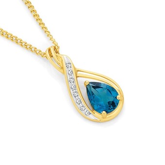 Angus & Coote 9ct gold london blue topaz & diamond swirl slider pendant offer