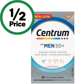 Woolworths Centrum men 50+ daily multivitamin pk 60 or centrum women 50+ daily multivitamin pk 60* offer