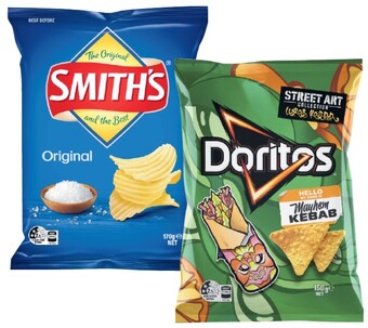 Coles Doritos corn chips 150g-170g, smith's crinkle cut potato chips 150g-170g or smith's double crunch chips 150g offer