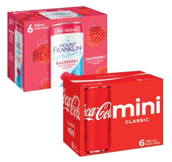 Coles Coca-cola, deep spring or mount franklin mini cans 6x250ml offer