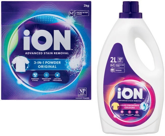 Ion laundry liquid 2 litre or powder 2kg offer at Coles