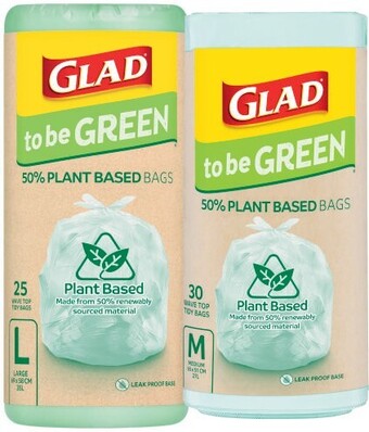 Coles Glad to be green plant based kitchen tidy bags medium 30 pack or large 25 pack offer