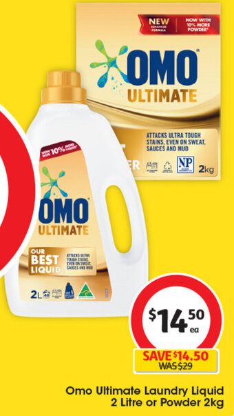 Coles Omo Ultimate Laundry Liquid 2 Litre or Powder 2kg offer