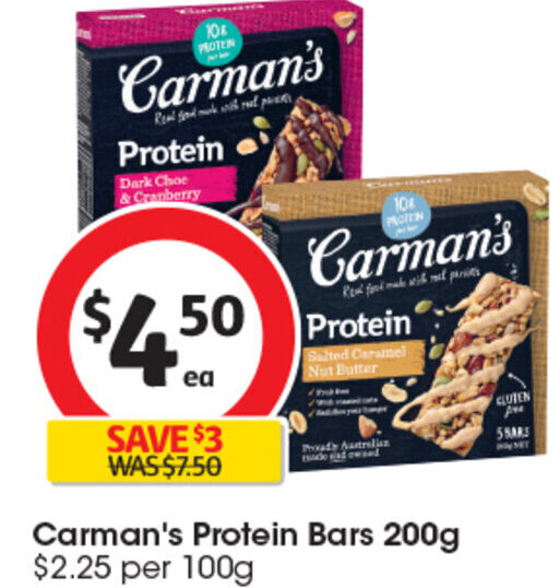 Carman's Protein Bars 200g offer at Coles