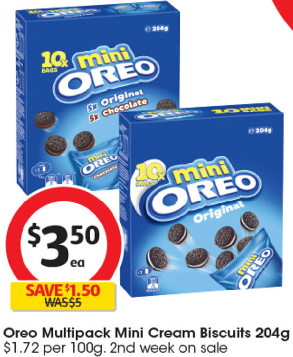 Oreo Multipack Mini Cream Biscuits 204g offer at Coles