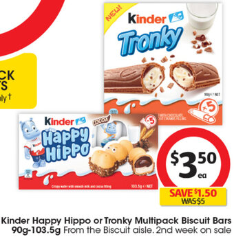 Coles Kinder Happy Hippo or Tronky Multipack Biscuit Bars 90g-103.5g offer