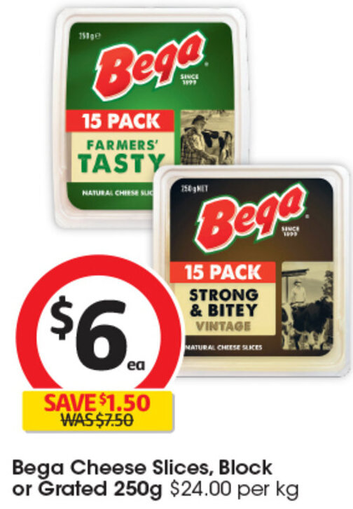 Bega Cheese Slices, Block or Grated 250g offer at Coles