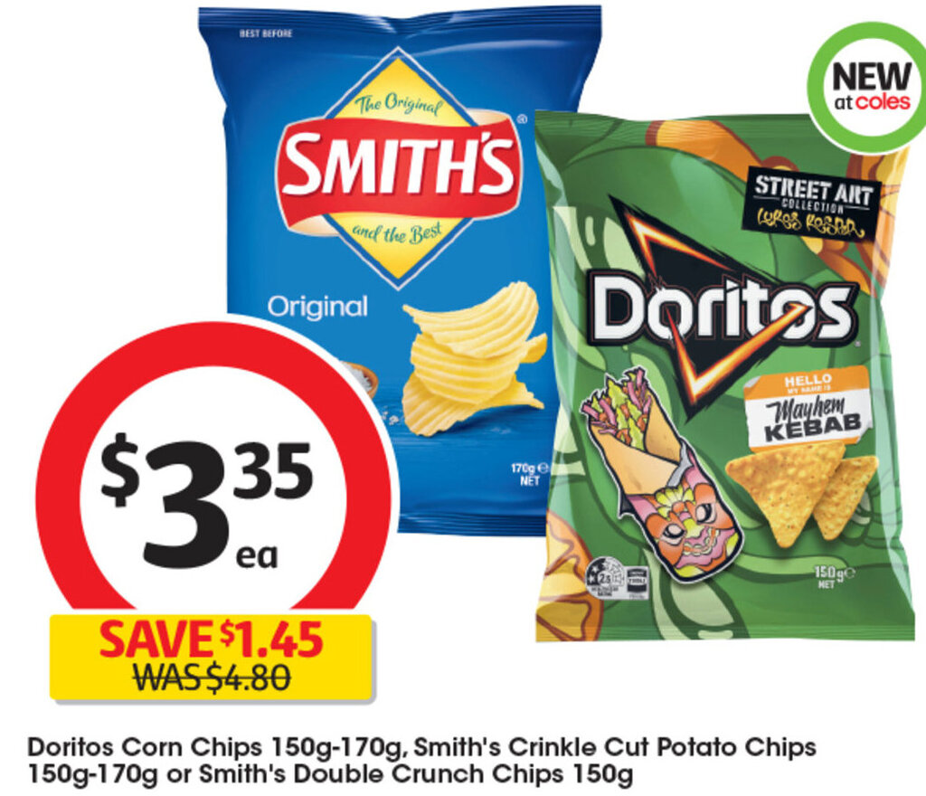 Doritos Corn Chips 150g170g, Smith's Crinkle Cut Potato Chips 150g170g or Smith's Double