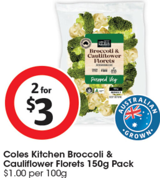 Coles Kitchen Broccoli & Cauliflower Florets 150g Pack offer at Coles