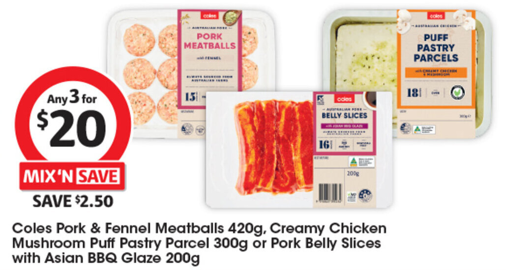Coles Pork & Fennel Meatballs 420g, Creamy Chicken Mushroom Puff Pastry