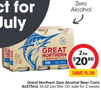 Coles Great Northern Zero Alcohol Beer Cans 6x375mL offer