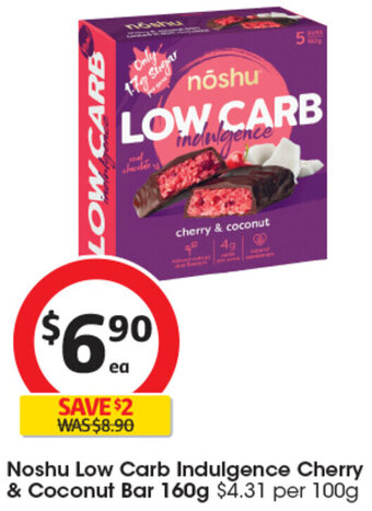 Coles Noshu Low Carb Indulgence Cherry & Coconut Bar 160g offer