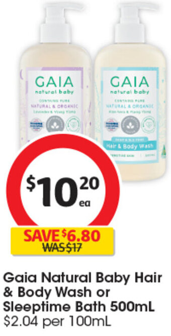 Coles Gaia Natural Baby Hair & Body Wash or Sleeptime Bath 500mL offer