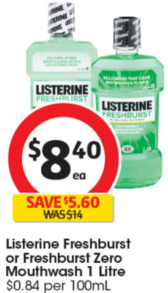 Coles Listerine Freshburst or Freshburst Zero Mouthwash 1 Litre offer