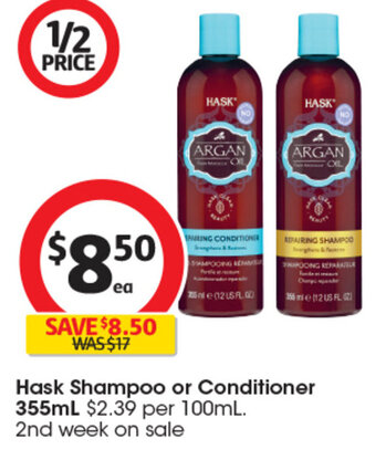 Coles Hask Shampoo or Conditioner 355mL offer