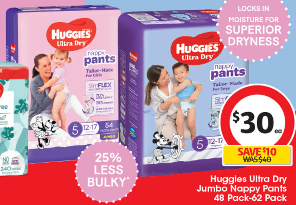 Huggies Ultra Dry Jumbo Nappy Pants 48 Pack62 Pack offer at Coles