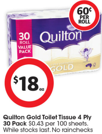 Coles Quilton Gold Toilet Tissue 4 Ply 30 Pack offer