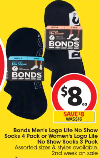 Coles Bonds Men's Logo Lite No Show Socks 4 Pack or Women's Logo Lite No Show Socks 3 Pack offer