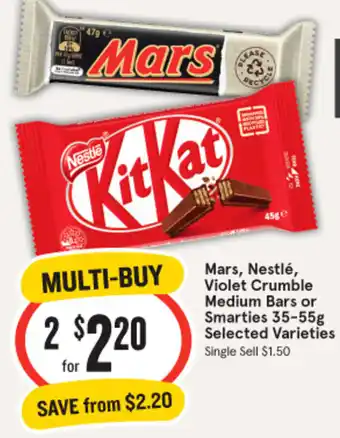 IGA Mars, Nestlé, Violet Crumble Medium Bars or Smarties 35-55g Selected Varieties offer