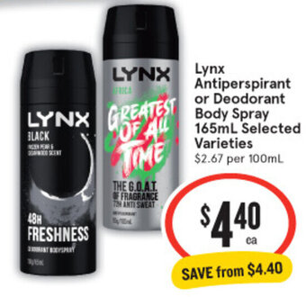 IGA Lynx Antiperspirant or Deodorant Body Spray 165ml Selected Varieties offer