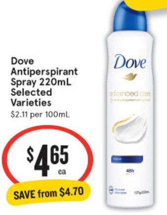Dove Antiperspirant Spray 220mL Selected Varieties