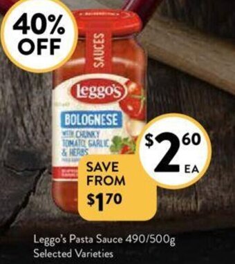 Foodworks Leggo's Pasta Sauce 490/500g offer