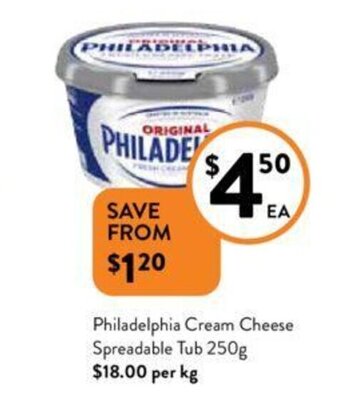 Foodworks Philadelphia Cream Cheese Spreadable Tub 250g offer